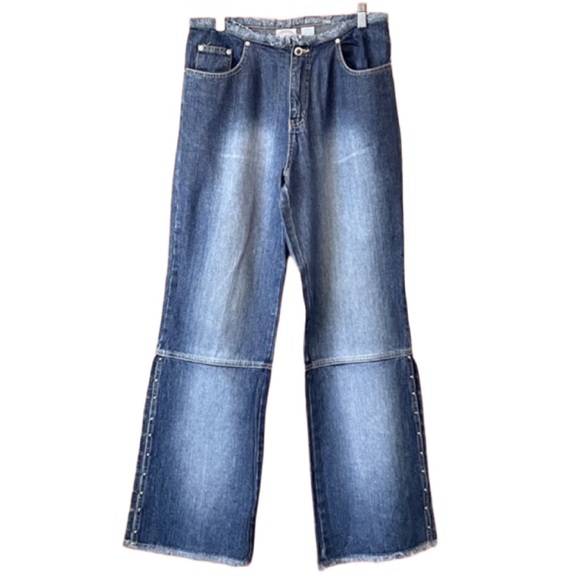 carolina blues Denim - Carolina Blues Vintage Y2K Fringed Studded Wide Leg Blue Jeans Sz 10